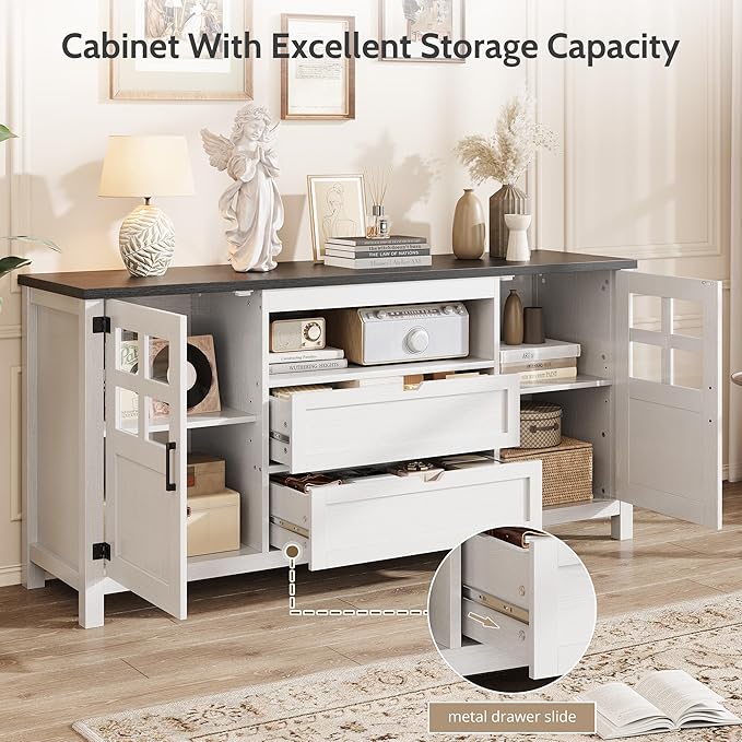 Farmhouse TV Stand for 65 Inch TVs, Entertainment Center with Adjustable Shelves, 2 Barn Doors and Drawers, Storage Media Cabinet for Living Room or Bedroom-White