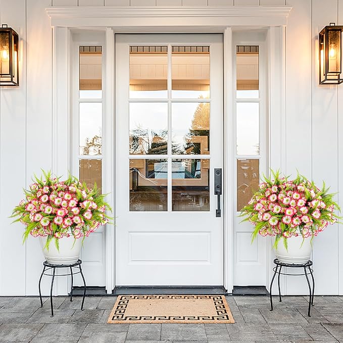 Artificial Flowers Outdoors 12 Bundles Pink Artificial Petunias Fake Flowers UV Resistant Shrubs Plants with Fern for Indoor Outside Hanging Planters Home Garden Summer Decorations