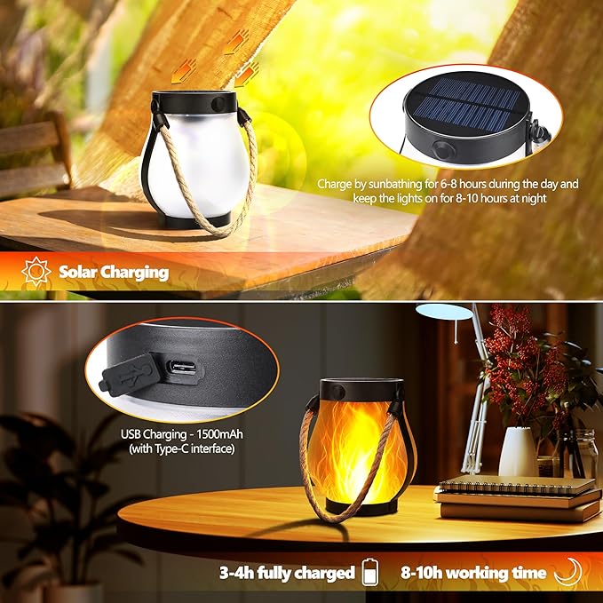 Solar Flame Lantern Hanging Outdoor Waterproof Purple - 2 Pack Flame Lanterns with Dual Charging Modes of Solar & USB for Garden or Yard Christmas Decorations (Warm White - 2 Pack)