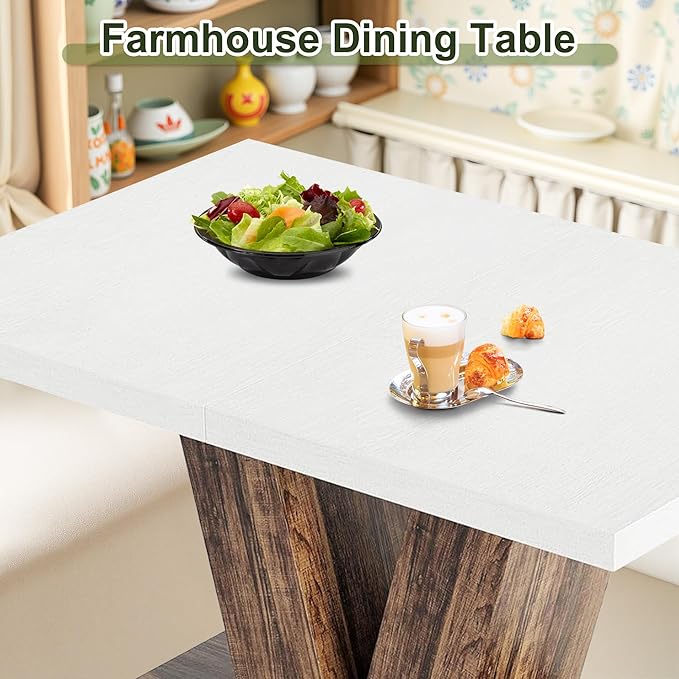 NicBex 47" Dining Table for 4 People, Farmhouse Dinner Table Small Dining Room Tables Rectangular Wooden Kitchen Tables with Heavy Duty Pedestal for Kitchen, Living Room, White & Brown