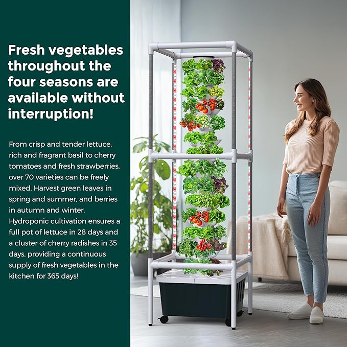 SJZX Hydroponic Growing System Kit - 70 Pods Large Vertical Hydroponics Tower with 8 Full-Spectrum 360° LED Grow Lights, 14-Tier Smart Indoor Herb Garden for Kitchen Office Winter Balcony Planting