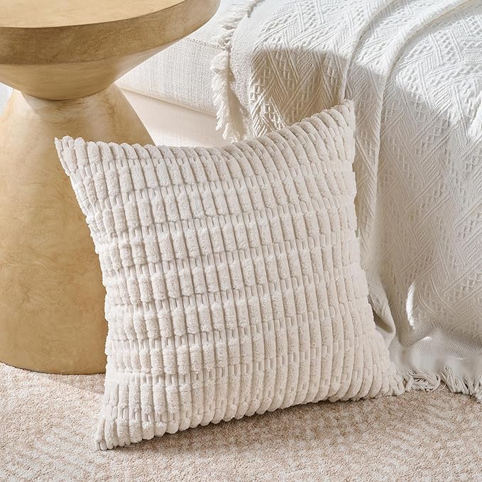 Fancy Homi Set of 4 Grey and White Decorative Throw Pillow Covers 18x18 Inch for Couch Bed Chair, Modern Farmhouse Boho Room Decor, Soft Fuzzy Double Sided Corduroy Textured Striped Cushion Case 45cm