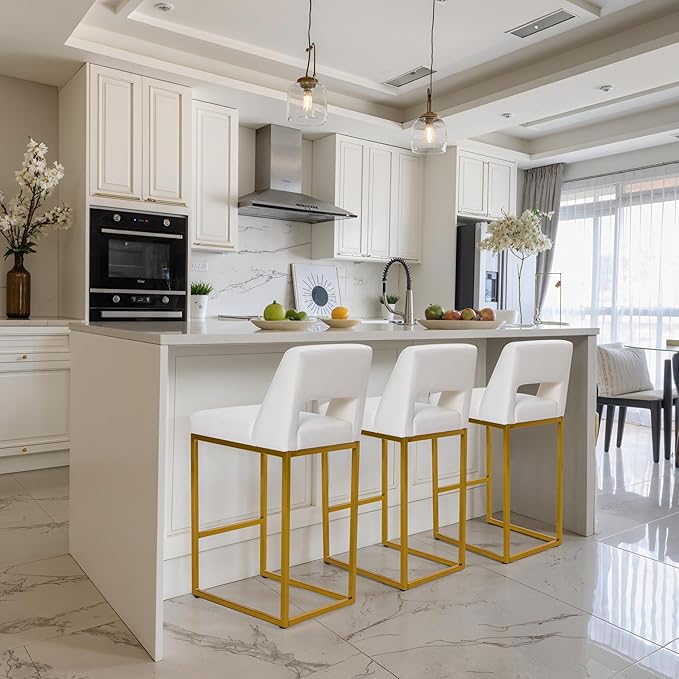 White and Gold Counter Height Bar Stools Set of 6 for Kitchen Counter Modern Bar Chairs with Backs for Kitchen Island with Upholstered Faux Leather Seat and Metal Frame, 26 Inch