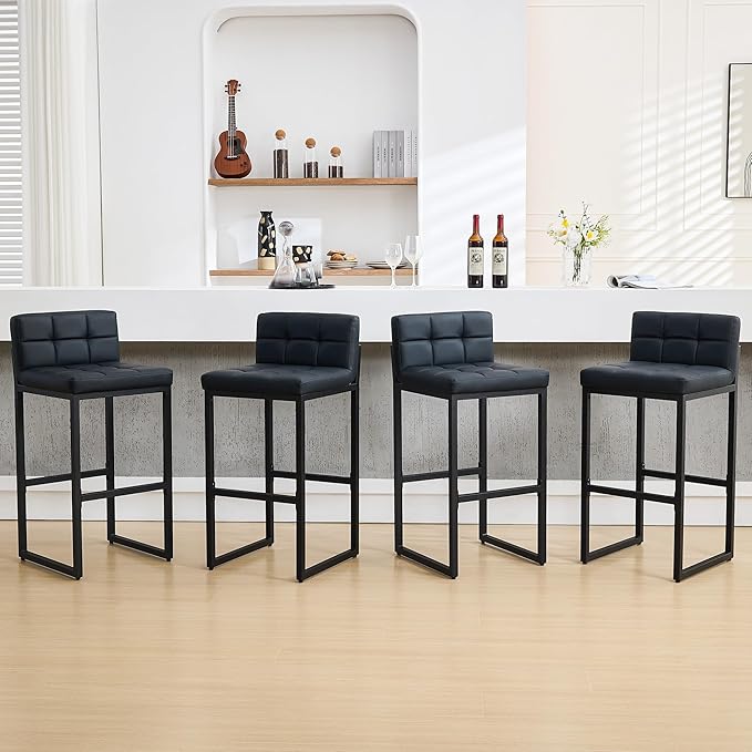 Modern Bar Stools Set of 4, Upholstered Bar Height Barstools with Low Back and Thickened Metal Frame, 30-inch Tall Island Chairs for Kitchen Island, Bar, Counter (Black, 4Pcs 30" Bar Stools)