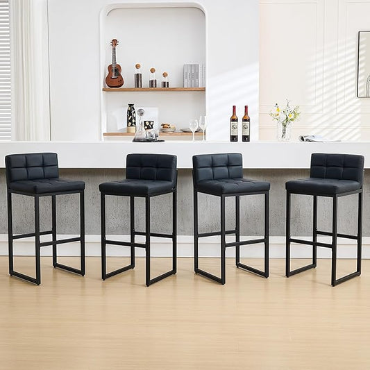Modern Bar Stools Set of 4, Upholstered Bar Height Barstools with Low Back and Thickened Metal Frame, 30-inch Tall Island Chairs for Kitchen Island, Bar, Counter (Black, 4Pcs 30" Bar Stools)