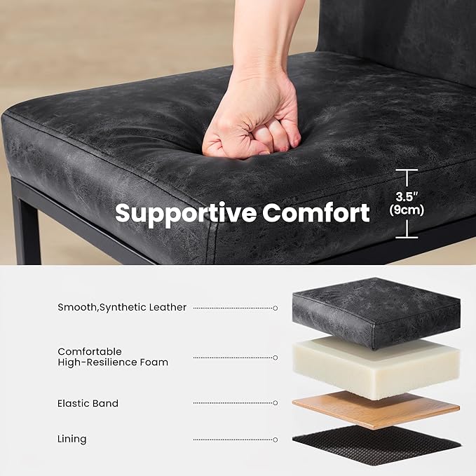 PHI VILLA Black Counter Height Bar Stool, Bar Stools Set of 6 Faux Leather Barstools with Back, 24 inch Kitchen Bar Chairs