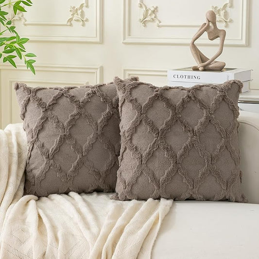 Set of 2 Soft Moroccan Throw Pillow Covers 24x24 Inch Plush Boho Decorative Pillow Cover Accent Cushion Case for Couch Sofa Bed, Deep Grey