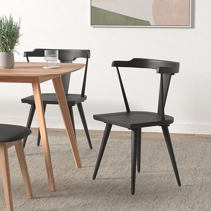 POLY & BARK Mid Century Modern Enzo Black Dining Chair – Solid Oak Wood Splat Back Chair, 18" Seat Height, 32" Tall – Stylish MCM Kitchen & Dining Room Chair - Set of 2