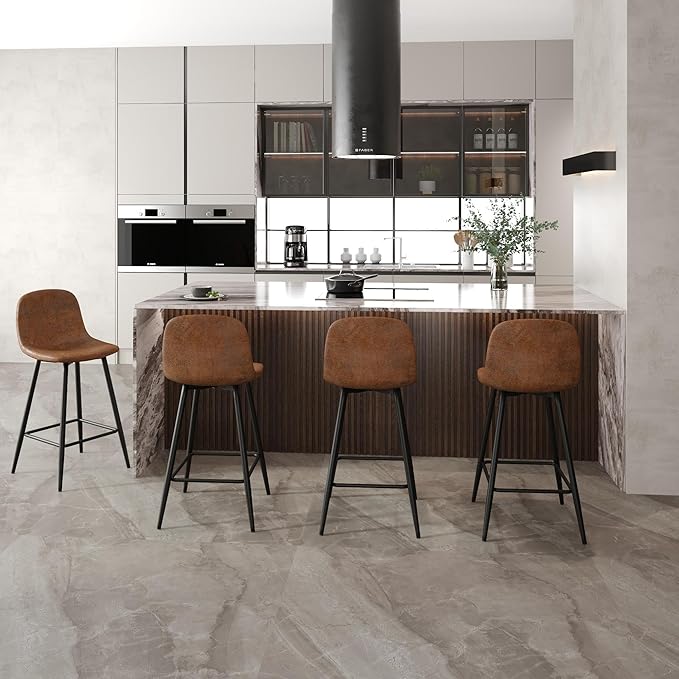 Modern Bar Stools Set of 4,Brown Techno-Fabric Counter Height Bar Stools,24.6" Bar Chairs with Back Metal Footrest,Modern Counter Stool with Back and Footrest for Kitchen Island Restaurants Pubs