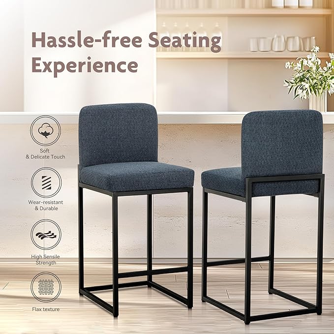 ALPHA HOME 24" Bar Stools Set of 4 Kitchen Counter Stools with Back, Counter Height Stools with Upholstered Footrest for Kitchen Island, Metal Steel Frame, Chenille, Blue