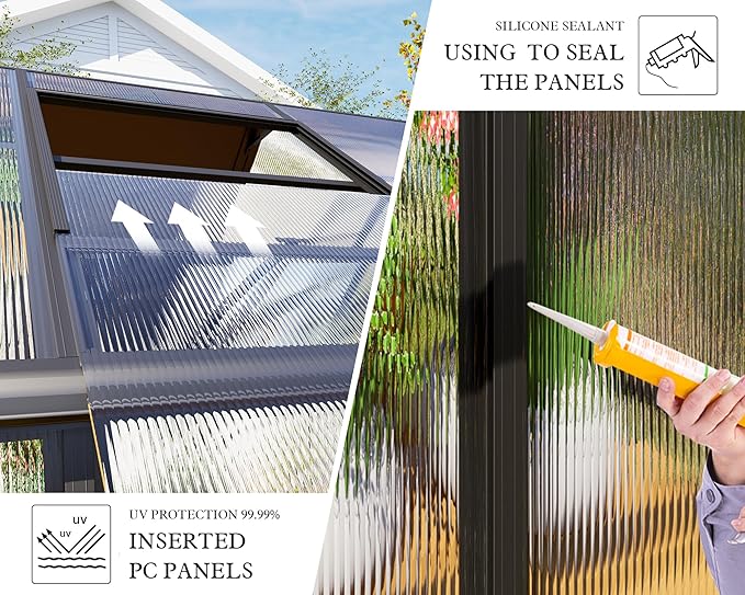 Howe 14x9.5x9 FT Polycarbonate Greenhouse with 2 Vents and Double Swing Doors 6FT Added Wall Height, Walk-in Large Sunroom Aluminum Greenhouse for Outdoors, Black