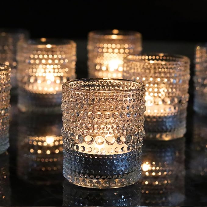 Clear Votive Candle Holders Set 24 PCS Hobnail Glass Tealight Candle Holders for Spring Decor, Easter, Weddings, Birthday Table Centerpiece Decorations