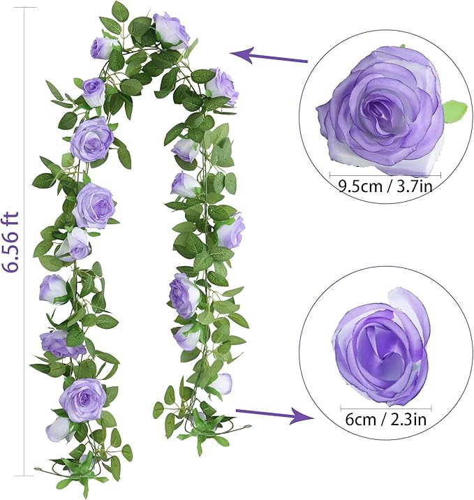 Felice Arts 2 Pack Pale Purple Artificial Floral Garland Each 6.5FT Fake Rose Vine Hanging Rose Garland for Wedding Flowers Table Centerpiece Arrangement Room Baby Shower Teepee Mirror Decor