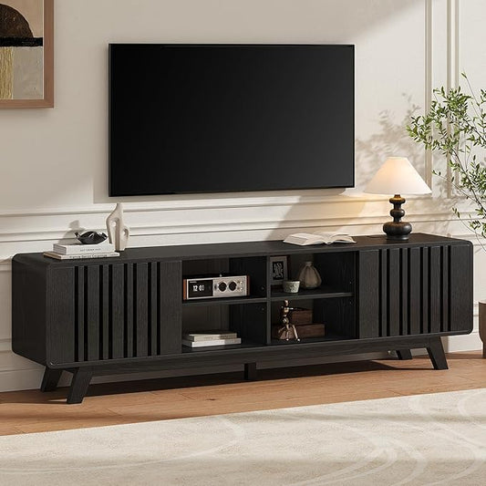 ONBRILL 70-Inch TV Stand for TVs up to 80 Inch, Mid-Century Modern Television Stand with Power Outlet， Entertainment Center with Sliding Grille Door Cabinets and Open Shelves for Living Room, Black
