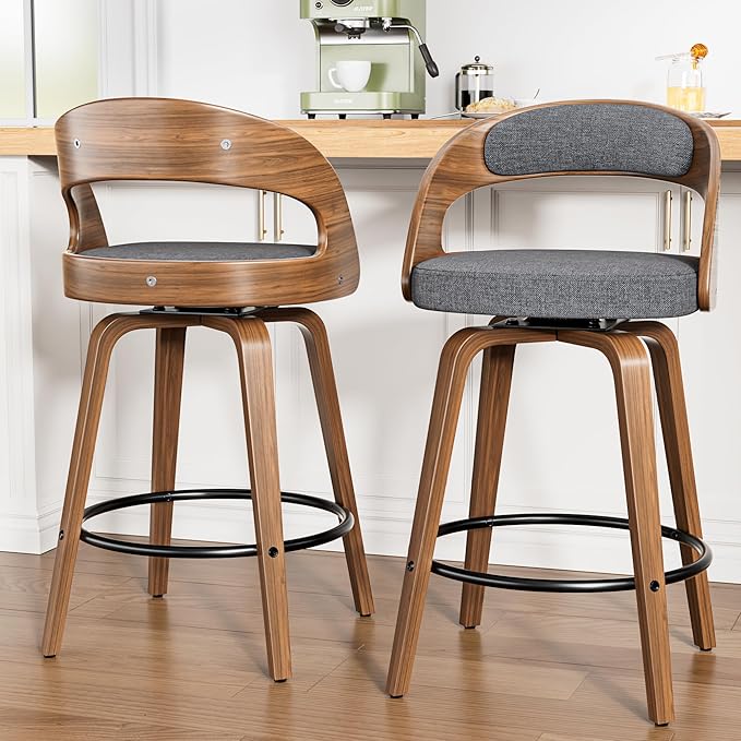 Swivel Bar Stools Set of 2, 26" Upholstered Linen Fabric Barstools with Bentwood Legs, Mid Century Modern Counter Height Bar Stools with Back for Kitchen Island, Dining Room, Grey