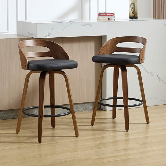 Swivel Bar Stools Set of 2, 26 Inch Counter Height Chairs with Walnut Wood Frame and Black Leather, Low Back, Footrest & Easy-Clean Design for Kitchen, Bar, or Dining Area