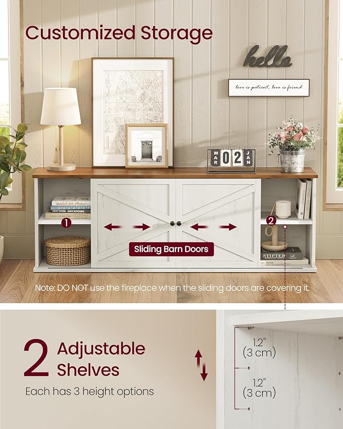 VASAGLE Fireplace TV Stand for TVs up to 80 Inches, 18-Inch ELectric Fireplace with Remote, Farmhouse Entertainment Center, Media Console Table for Living Room, Rustic White and Honey Brown ULTV541W01