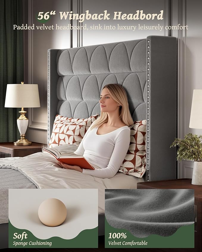 Queen Size Bed Frame with 56" Headboard - 900LBS Capacity Support, Velvet Upholstered Wingback Platform Bed Frame, Noise Free, Sturdy Wooden Slat Support