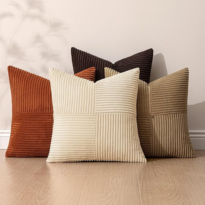 MIULEE Brown Beige Throw Pillow Covers 20x20 Inch Set of 4 Boho Farmhouse Cushion Cases for Livingroom Couch Bed Soft Corduroy Pillow Cases with Invisible Zipper Home Decor