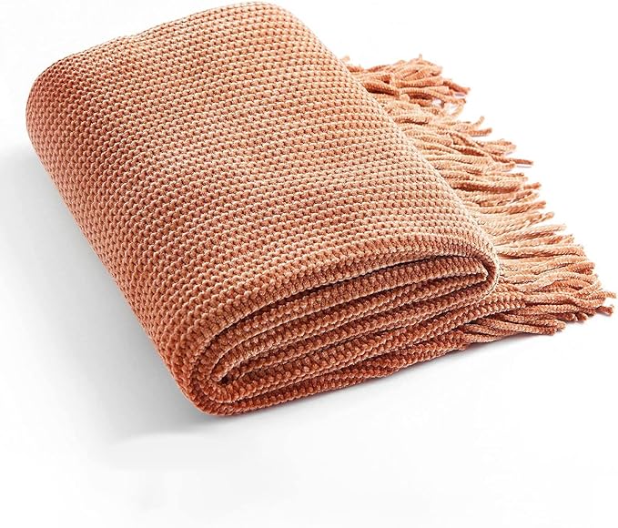 Blagic Knitted Throw Blanket for Couch Soft Farmhouse Boho Throw Blanket with Tassels Home Decorative Lightweight Throw Blankets,Maple Brown Throws for Bed/Chair/Sofa, Stripe Textured,50" W x 60" L
