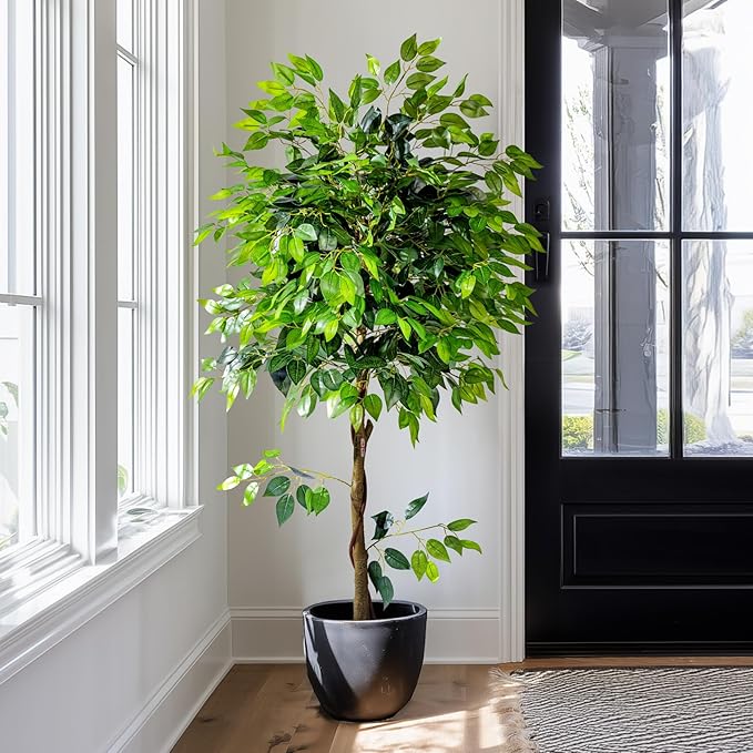 6ft Artificial Ficus Tree for Home Decor, Faux Silk Plants Faux Plant Fake Silk Trees with Pot for Indoor House Living Room Office Garden