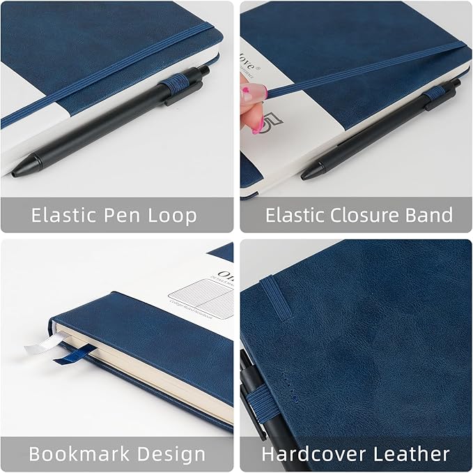 Notebooks Journal for Women Men 3 Pack Bulk Leather Hardcover with Pen Holder A5 160 Pages 100 GSM Thick Paper for Work School Lined Navy Blue
