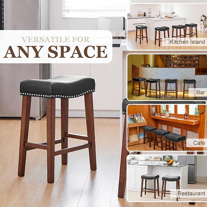 PrimeZone Counter Height Bar Stools Set of 6 - Backless Saddle Barstools with 4.3" Thick Upholstered, Nailhead Trim Faux Leather & Solid Wood Legs, 26 Inch Counter Stools for Kitchen Island, Black