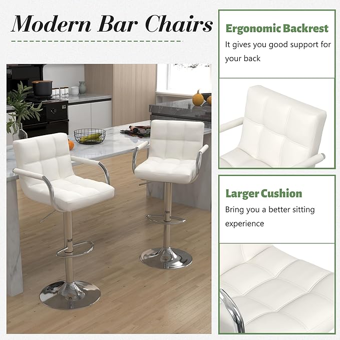 Modern PU Leather Bar Stools Set of 4, Adjustable Swivel Square Bar Chairs, Counter Height Barstools with Arms and Large Base for Island/Kitchen(White)