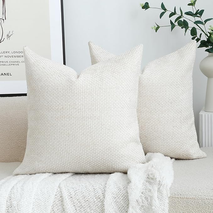 Stellhome Pack of 2 Woven Textured Decorative Throw Pillow Covers Soft Chenille Accent Luxury Cushion Cases for Living Room Couch Bed Sofa Farmhouse Boho Home, 16x16 inch, Cream