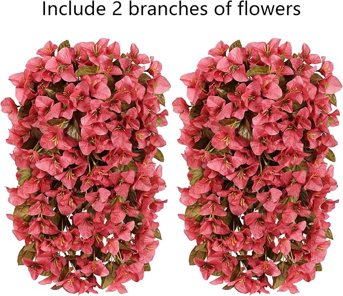Bougainvillea Artificial Fall Hanging Flowers Plants for Outdoors Autumn Decoration, 2pcs Faux Bougainvillea Vines Red Fake Flowers Realistic UV Resistant Silk Flowers for Outside Planter Yard Home
