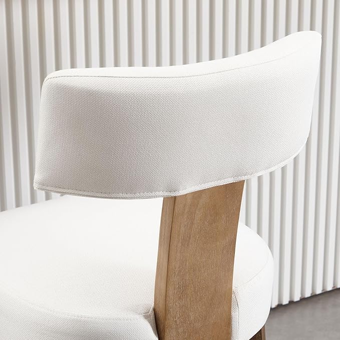 Linen Bar Stools Set of 2, Upholstered 27.7'' Counter Height Barstools with Curved Back, Farmhouse Wood Bar Chairs for Breakfast, Kitchen Island, Cafe, Cream