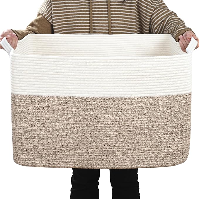Large Blanket Basket, 100 L Rectangle Storage Baskets for Organizing, Woven Laundry Basket for Blankets, Cotton rope Blanket Storage for Living Room, Nursery Room, Brown