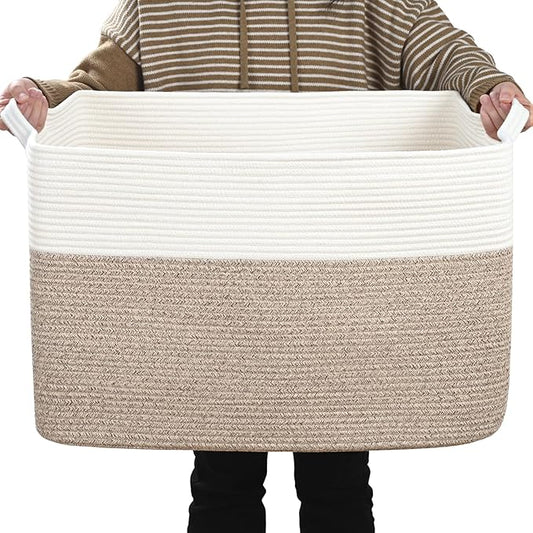 Large Blanket Basket, 100 L Rectangle Storage Baskets for Organizing, Woven Laundry Basket for Blankets, Cotton rope Blanket Storage for Living Room, Nursery Room, Brown