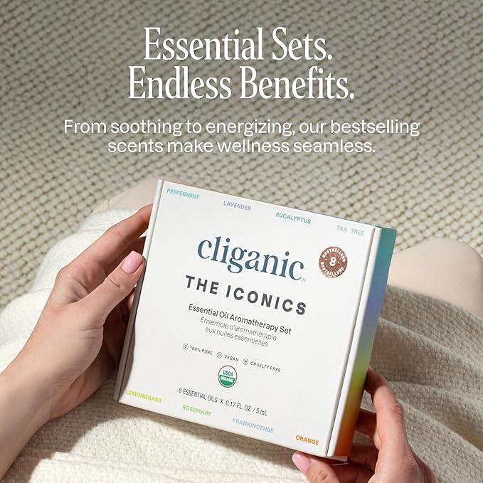 Cliganic Organic Aromatherapy Essential Oils Gift Set (Top 8 - The Iconics), 100% Pure - Peppermint, Lavender, Eucalyptus, Tea Tree, Lemongrass, Rosemary, Frankincense & Orange (Packaging May Vary)