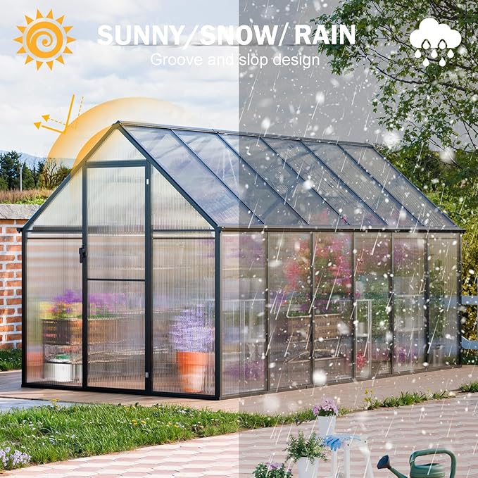 CDCASA 12x6x6 FT Greenhouse for Outdoors, Large Polycarbonate Greenhouse Aluminum Greenhouses w/Vent Window, Swing Door & Easy Assembly Walk-in Green House for Patio, Backyard, Garden, Black