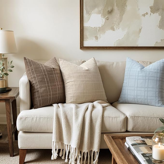 MIULEE Decorative Linen Check Euro Shams Throw Pillow Covers Neutral Farmhouse Vintage Pillow Covers 22x22 Set of 2 Boho Modern Home Decor for Sofa Couch Bedroom Cushion Coastal Blue