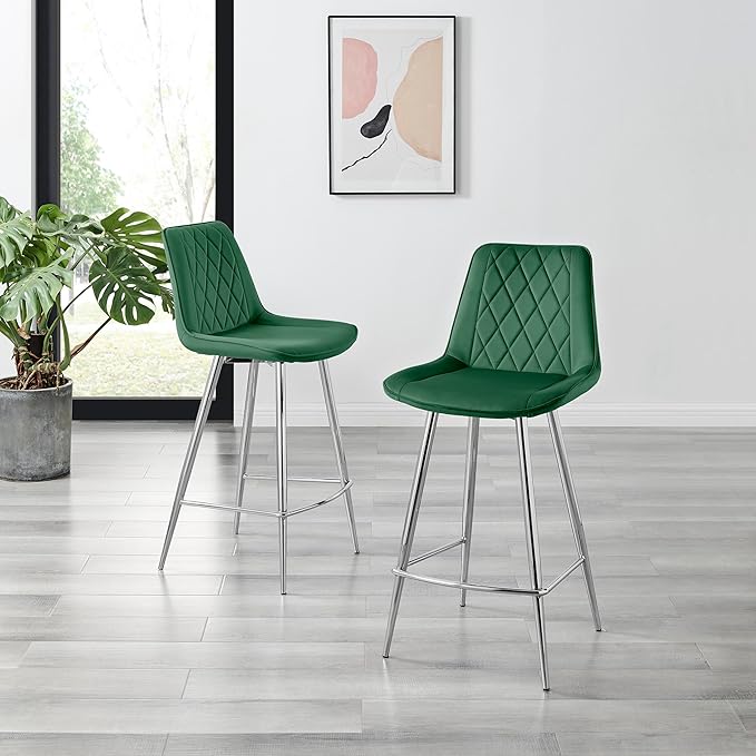 Bar Stool Chair - Pesaro Green Velvet Upholstered Dining Chair Silver Metal Legs - Modern Style Diamond Quilted Stitching to Back - Contemporary Dining Kitchen Furniture