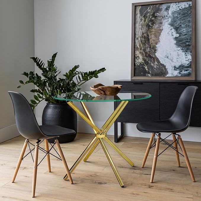 Fab Glass and Mirror Elegant Round Glass Dining Room Table with Clear 1/2-Inch Thick Top and Stylish Base Metal 30" - Gold