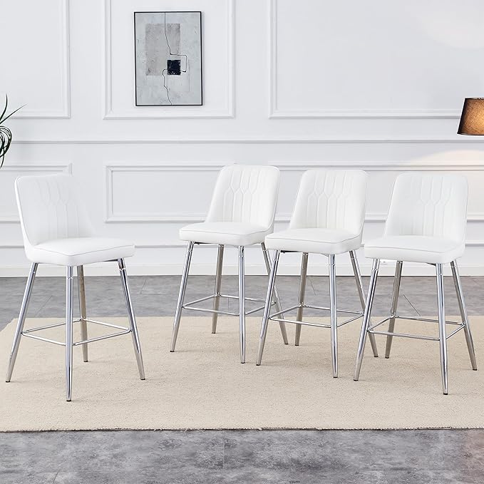 Counter Height Bar Stools Set of 4,White Bar Stools with Back,27" Upholstered Counter Height Bar Stool with Sturdy Silver Chrome Footrest,Modern Kitchen Island Chairs for Home Pub Bar