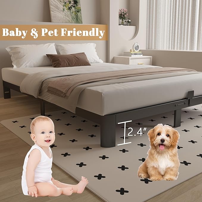 4 Inch Full Size Bed Frame with Metal Gaskets, Black Bed Frame Full No Box Spring Needed, Rounded Corner Design, Heavy Duty Steel Platform Support, Reserved Holes, Noiseless, Easy Assembly