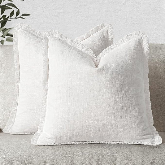 MIULEE Christmas Decorative Throw Pillow Covers Neutral Linen Fringe Throw Pillows Set of 2 White Boho Farmhouse Cushion Covers with Tassels for Couch Sofa Bed Living Room Home Decor 18x18 Inch