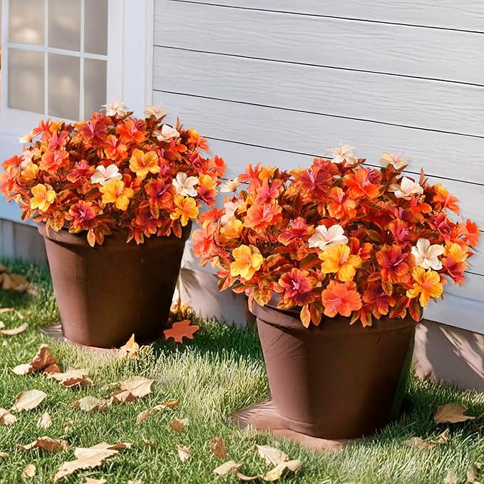 Artificial Fake Fall Flowers for Outdoor Decor 8 Bundles UV Resistant Artificial Plants Outdoor Look Real Faux Silk Autumn Flowers for Porch Planters Garden Yard Decorations