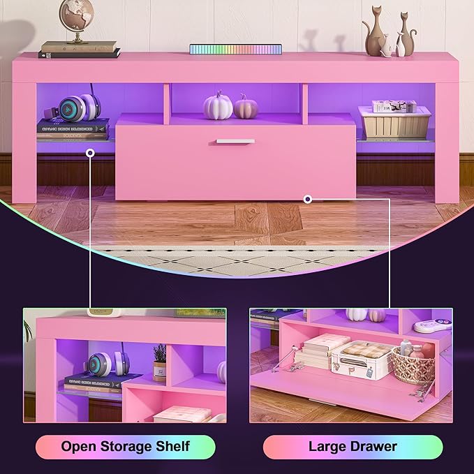 Clikuutory Modern Lighting 51 inch TV Stand with Large Storage Drawer for 32 40 50 55 Inch TVs, TV Console with 20 Color LED Lights, Entertainment Center Media and Open Shelf for Bedroom, Pink