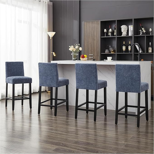 26'' Velvet Chenille Bar Stools Set of 4, Modern Upholstered Bar Height Bar Chairs, Soild Wood Legs Barstools with Back, Blue