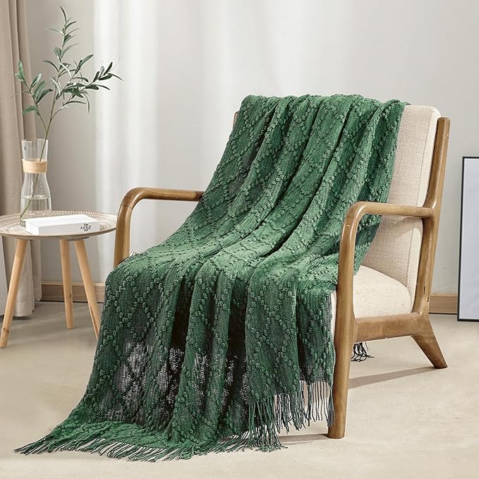 BOURINA Green Throw Blanket 50 x70 Inches Jacquard Argyle Throw Textured Solid Soft Throws and Blankets for Sofa or Bed Knitted Decorative Blanket