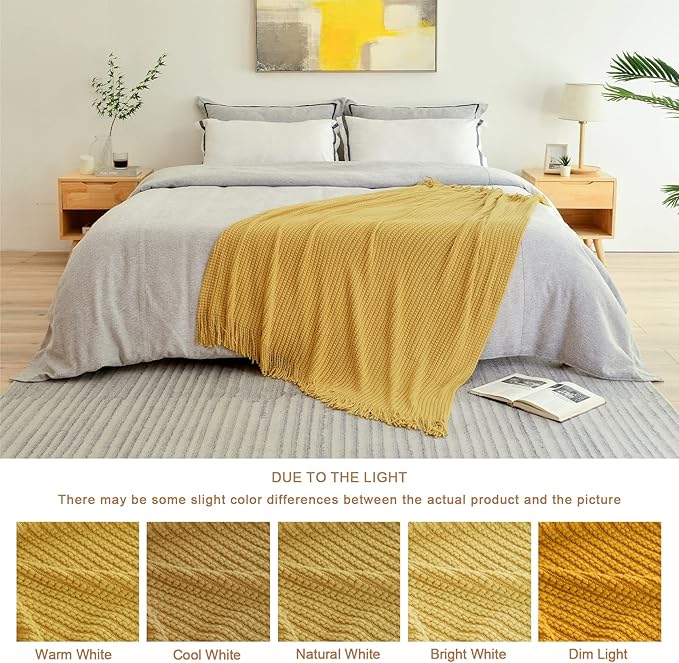 Blagic Knitted Throw Blanket for Couch Soft Farmhouse Boho Throw Blanket with Tassels Home Decorative Lightweight Throw Blankets,Mustard Yellow Throws for Bed/Chair/Sofa, Wheat Textured,50" W x 60" L