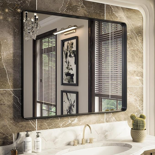 ISKM Black Metal Framed Bathroom Mirror for Wall 40" x 32" Black Bathroom Vanity Mirror, Rounded Rectangle Mirror, Anti-Rust (Horizontal/Vertical)