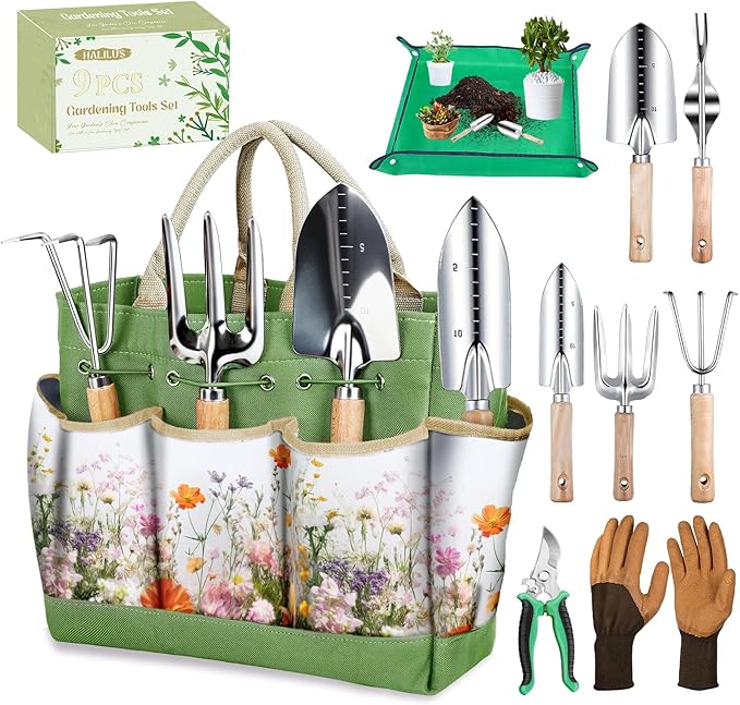Garden Tools 9-Piece Heavy Duty Gardening Hand Tools with Floral Organizer Tote Bag, Rust-Proof Garden Tool Set, Thickened Repotting Mat, Gardening Gifts for Women Mom, Green