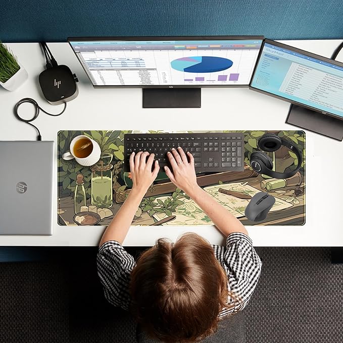 Cute Green Plants Desk Mat Anime Sage Mouse Pad Gaming Desk Pad XL, Kawaii Aesthetic Laptop Computer Keyboard and Mouse Mat, Desktop Decor Accessories Mousepad for Girl Women Office 31.5"x11.8"