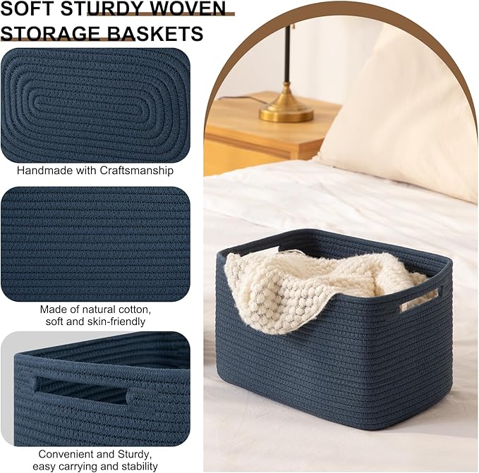 Storage Baskets for Organizing, Woven Decorative Baskets for Shelves - Books, Towels, and Clothes, Cotton Rope Toy Storage Bins, 12.7''Lx9''Wx7.8''H, Pack of 4, Blue